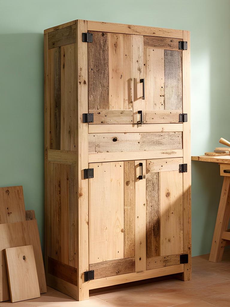 Mobile contenitore realizzato con pallet recuperati, finitura naturale e dettagli neri nella bottega di Signa