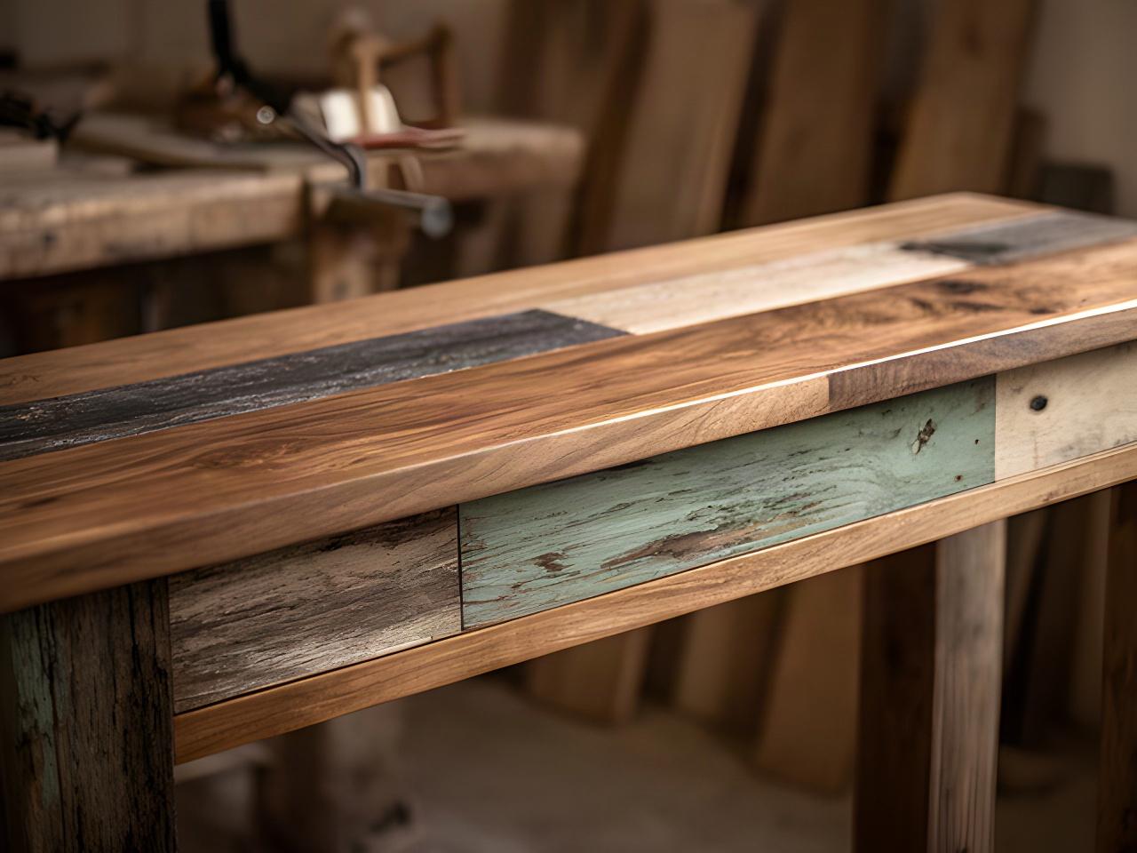 Dettaglio di una consolle in legno riciclato rifinita a mano, appoggiata nel laboratorio di Signa