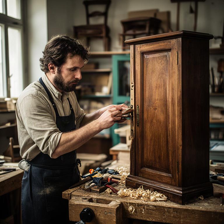 Artigiano al lavoro su un mobile antico nella bottega di restauro a Signa