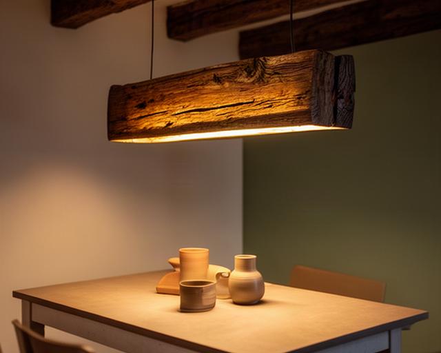 Lampada sospesa ricavata da una trave di legno antico sopra un tavolo