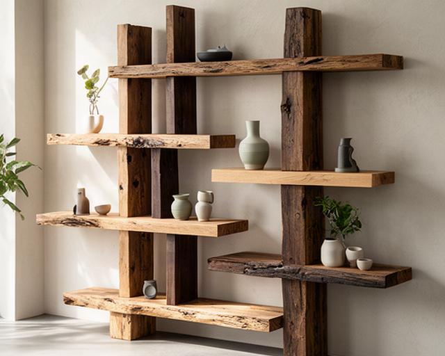 Libreria modulare costruita con vecchie travi e mensole irregolari in legno naturale