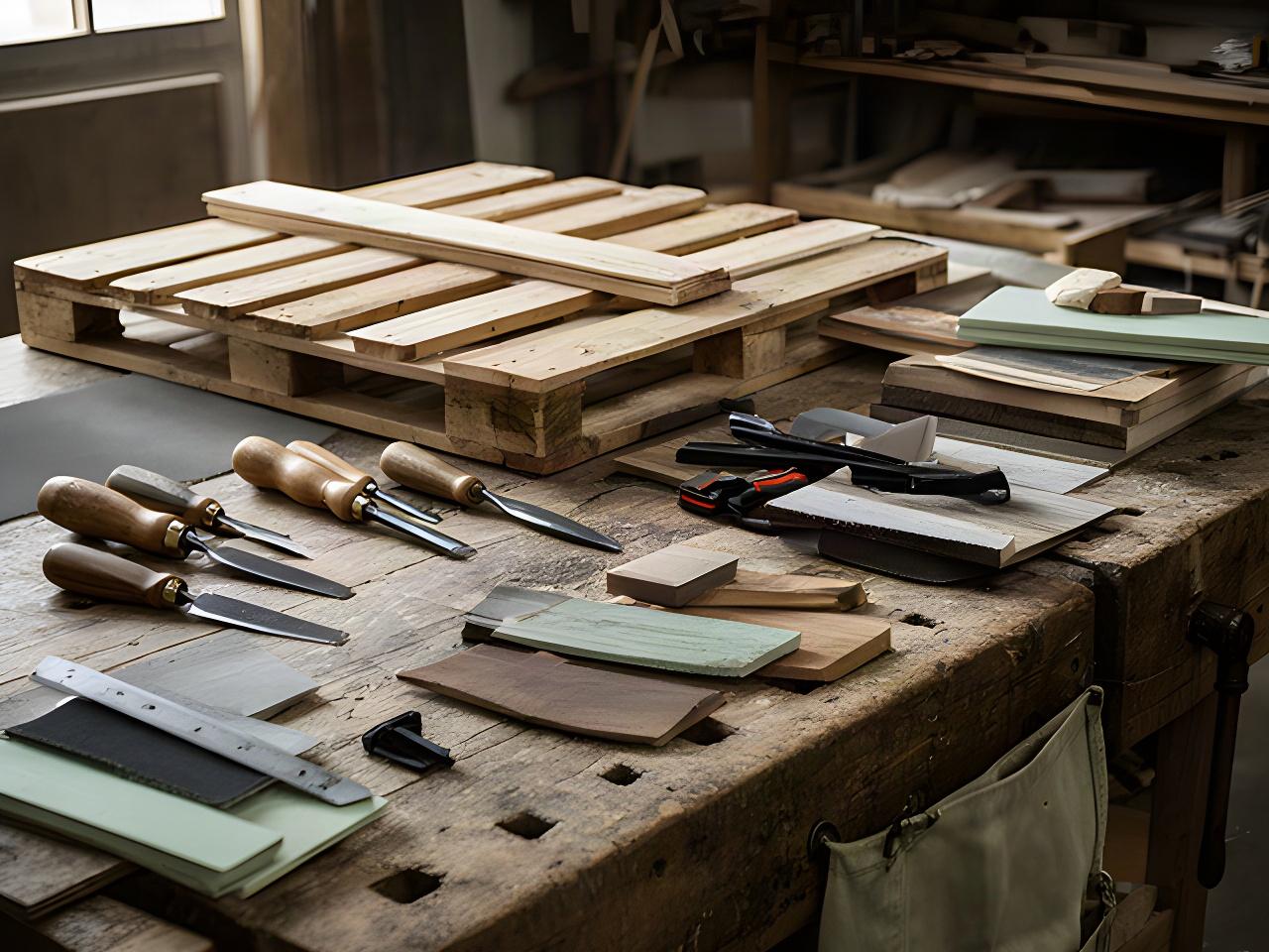 Banco da lavoro del laboratorio di Signa con attrezzi, pallet smontati e campioni di legno recuperato